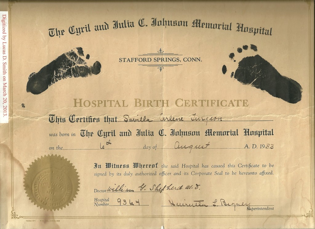 Cyril and Julia C Johnson Memorial Hospital birth certificate