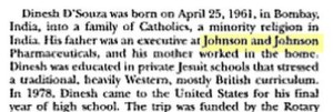 Dinesh D'Souza father Allan executive Johnson & Johnson Pharmaceuticals 1995