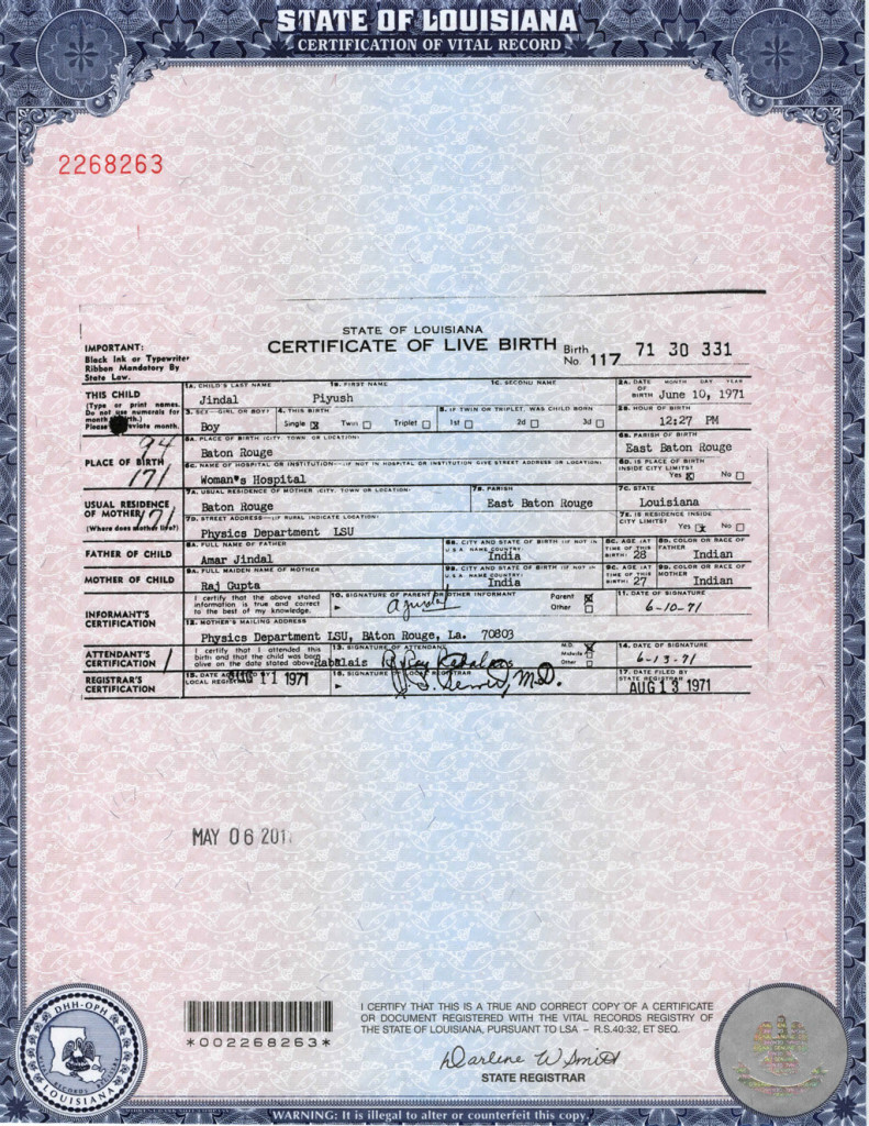 Bobby Jindal birth certificate