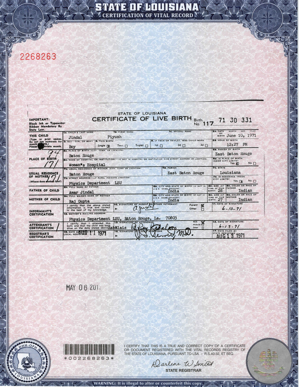 Bobby Jindal birth certificate