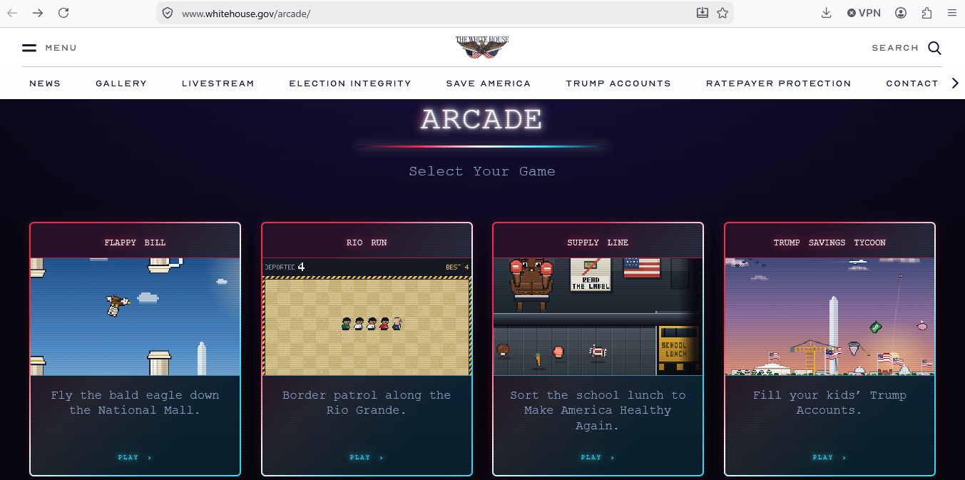 arcade-games-at-whitehouse-gov-website-trump-2026